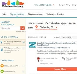 VolunteerMatch'in arama sayfasının ekran görüntüsü