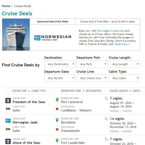 Zrzut ekranu strony z ofertami Cruise Critic