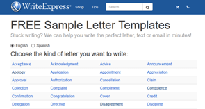 Captura de pantalla de la página de inicio de WriteExpress