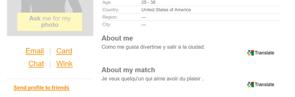 Capture d'écran de la fonctionnalité de traduction pour ClownDating.com