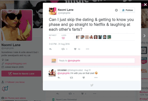 Snímek obrazovky účtu Naomi Lane na Twitteru