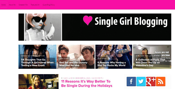Schermata della homepage di Single Girl Blogging