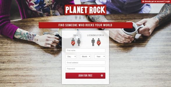 Capture d'écran de la page d'accueil de Planet Rock Dating