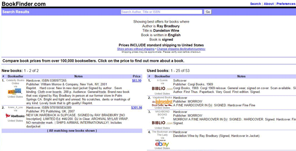 Zrzut ekranu z wynikami wyszukiwania podpisanych książek przez BookFinder