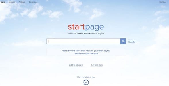 Screenshot van de startpagina van StartPage