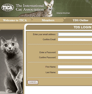 Snímek obrazovky s přihlašovací stránkou člena TICA