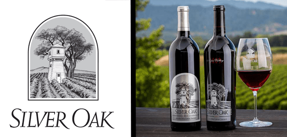 Das Silver Oak-Logo und ein Foto von Weinflaschen vor einem Weinberg