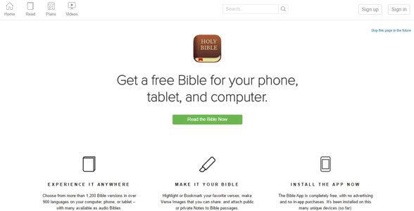 Captura de pantalla de la página de inicio de la Biblia App