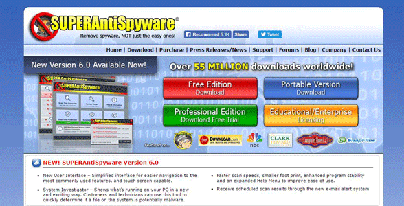 Capture d'écran de la page d'accueil de SUPERAntiSpyware