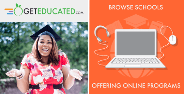 GetEducated logosu kolajı, mezuniyet şapkalı kadın ve dizüstü bilgisayar grafiği