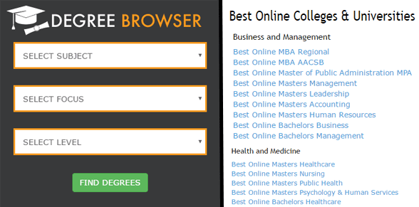 Screenshot van het aanbod van GetEducated Degree en de browsertool