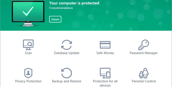 Snímek obrazovky vstupní stránky aplikace Kaspersky Lab Total Security