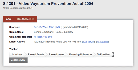 Screenshot della legge sulla prevenzione del voyeurismo video