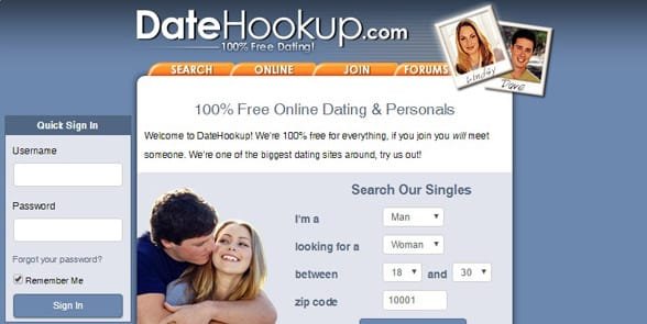 Snímek obrazovky domovské stránky DateHookup