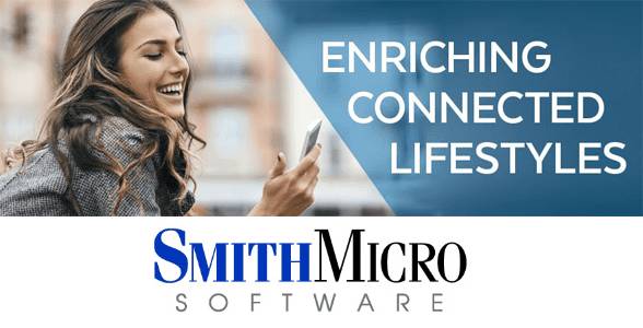 Collage van een vrouw die naar een mobiele telefoon kijkt, de tekst 'Enriching Connected Lifestyles' leest en het Smith Micro-logo