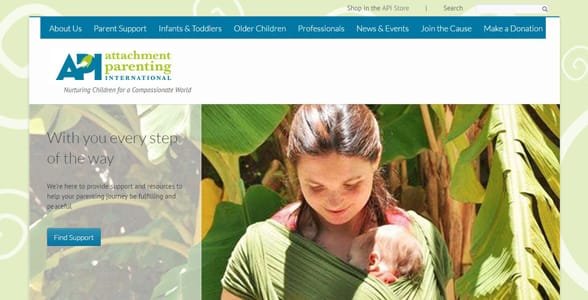 Schermata della homepage di Attachment Parenting International
