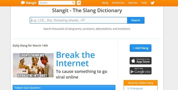 Capture d'écran de la page d'accueil de Slangit