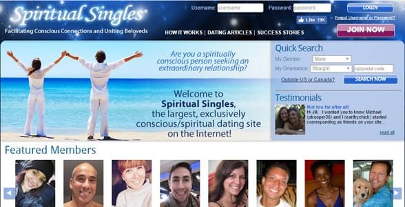 Capture d'écran de la page d'accueil de Spiritual Singles