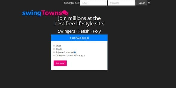 Snímek obrazovky domovské stránky SwingTowns