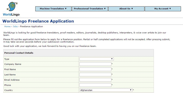 Screenshot van de freelance applicatie van WorldLingo