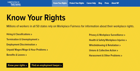 Screenshot ze sekce „Poznej svá práva“ v sekci Workplace Fairness
