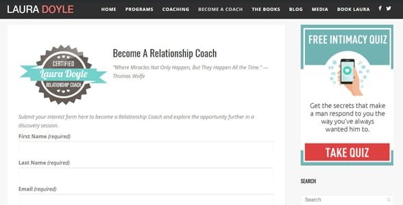 Captura de pantalla de la página de formación de coach de relaciones de Laura Doyle