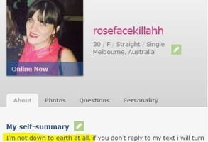 Screenshot van het OkCupid-profiel van Rosefacekillahh