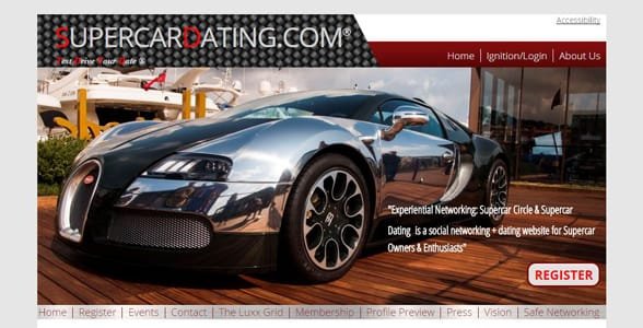 Capture d'écran de la page d'accueil de Supercar Dating