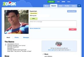 Schermata del profilo Zoosk di Superman