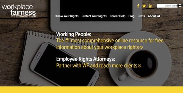 Captura de pantalla de la página de inicio de Workplace Fairness