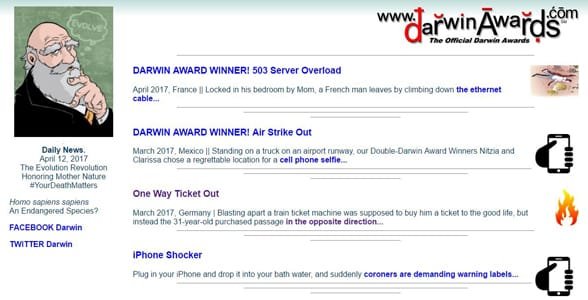 Captura de pantalla de la página de inicio de los Premios Darwin