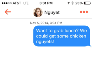 Screenshot van Nguyet's Tinder-gesprek