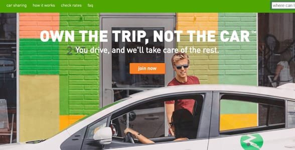 Capture d'écran de la page d'accueil de Zipcar