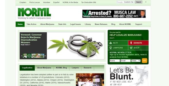 Screenshot van de homepage van NORML