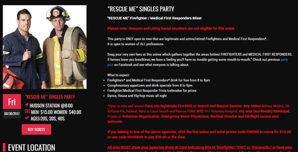 Screenshot della pagina dell'evento Rescue Me Singles Party di On Speed Dating