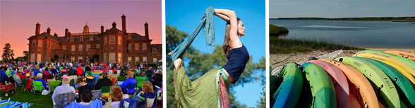 Collage de un concierto de picnic, eventos de yoga y kayak