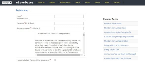 Screenshot der eLoveDates-Registrierung