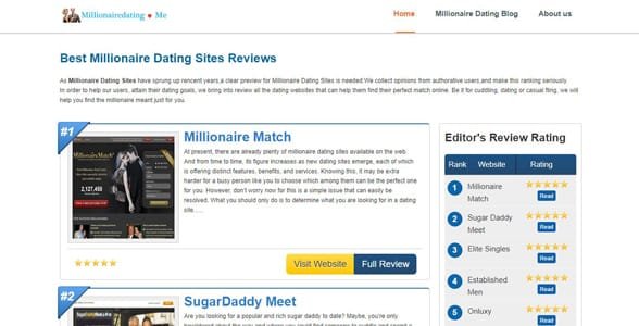 Capture d'écran de la page d'accueil de MillionaireDating.me