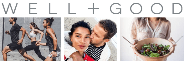 Collage aus dem Well+Good-Logo, Joggern, einem Paar und einer Frau mit Salat