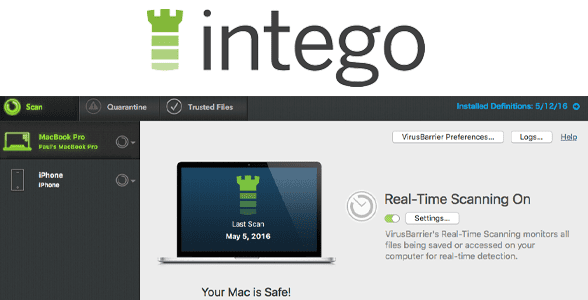Foto del logotipo de Intego y captura de pantalla del software de escaneo de seguridad en tiempo real de Intego