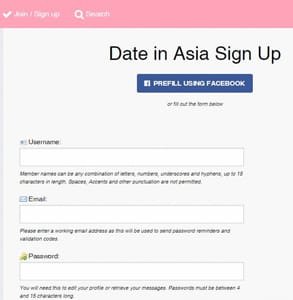 Snímek obrazovky registrační stránky DateInAsia