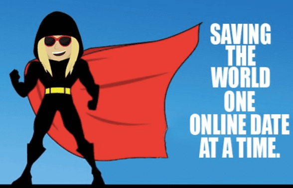 Cartoon van Julie Nashawaty in een superheldenkostuum en tekst met de tekst De wereld redden met één online date tegelijk