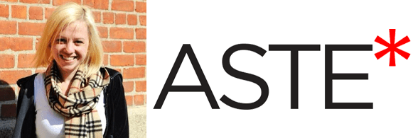 Het hoofdschot van Julie Nashawaty en het Aste-logo