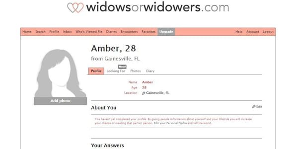 Snímek obrazovky datovacího profilu na WidowsorWidowers.com