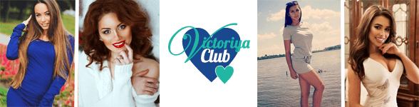 Koláž profilů východoevropských žen na VictoriyaClub a logo VictoriyaClub