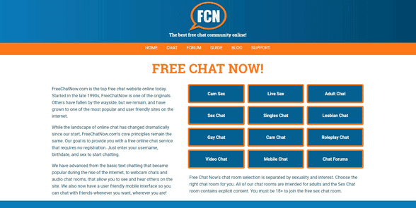 Capture d'écran de la page d'accueil de FreeChatNow