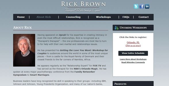 Captura de pantalla del sitio web de Rick Brown