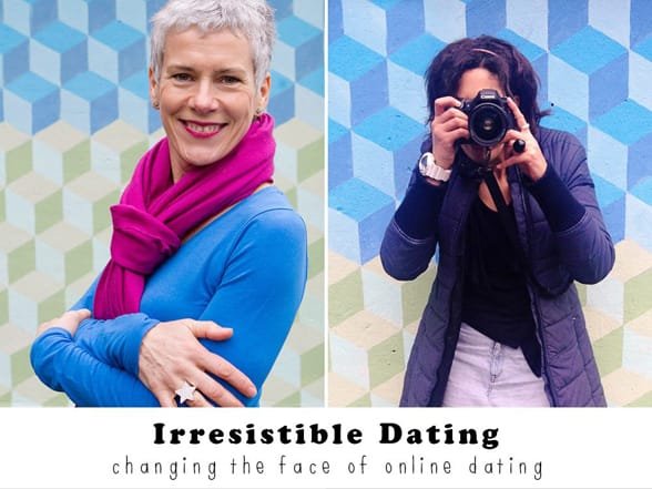 Rebecca Perkins ve Saskia Nelson'ın fotoğrafları ve Irresistible Dating logosu
