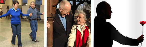 Collage de fotos de personas mayores bailando, riendo y sosteniendo una rosa