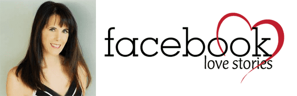 De headshot van Julie Spira en het Facebook Love Stories-logo